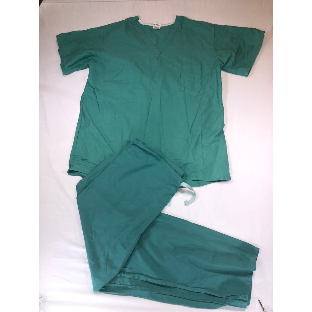 Medline Encore Series Scrub Set Green V-Neck Top Drawstring Pants Large 710PTJL